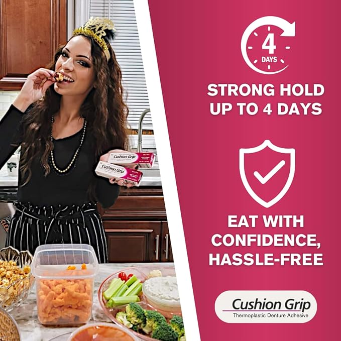 Cushion Grip Thermoplastic Denture Adhesive, 0.35 oz Travel Size (Pack of 10) – Refits and Tightens Loose Dentures for Up to 4 Days | Non-Glue, Zinc-Free, Waterproof Formula, Acts Like a Soft Reliner