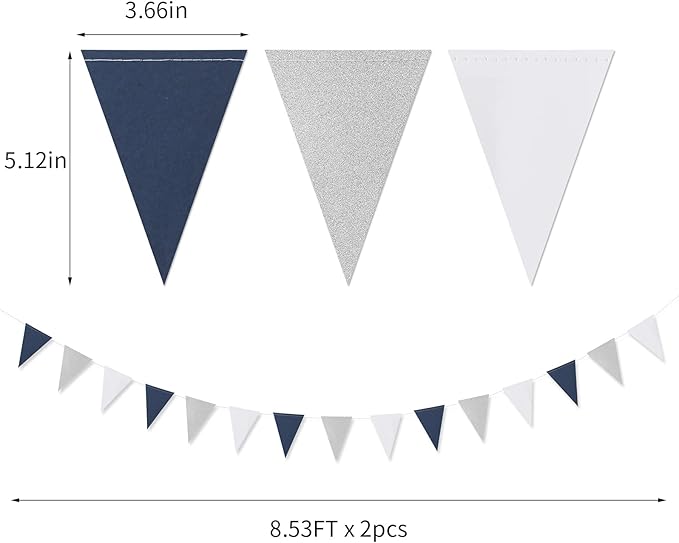 Navy-Blue White-Silver Party Decorations Banner - 2 Pack Men Birthday Graduation 2024 Glitter Sprinkles Paper Pennant Triangle Flags, Fathers Day Wedding Baby bridal Shower Bunting Lasting Surprise