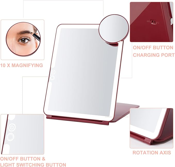 Mocado LED Travel Makeup Mirror, Rechargeable Vanity Mirror with Lights, Portable Mirror with Lights - 7x9 inches, 3 Colors Light, Foldable, Dimmable Touch Screen, Travel Essential (Wine Red)