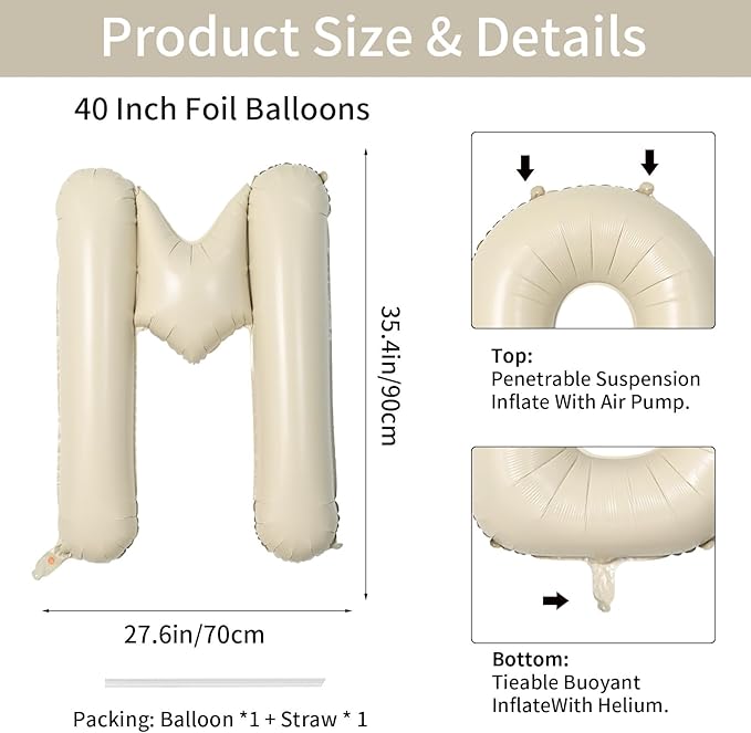Biapian 40 Inch Letter M Balloons, Giant Cream M Foil Balloon, Big Single Alphabet A-Z Balloons, Beige Large Aluminum M Balloons Helium for Birthday, Baby Shower, Wedding, Anniversary Party Decoration