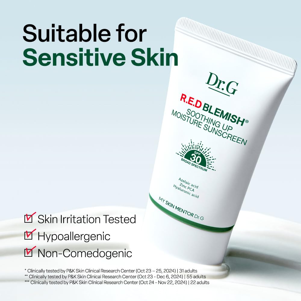 Dr. G R.E.D. Blemish Soothing Up Moisture Sunscreen - Korean Sunscreen with No White Cast - Broad Spectrum SPF for Sensitive Skin - Non-Greasy - With Hyaluronic & Azelaic Acid - 1.69 fl oz