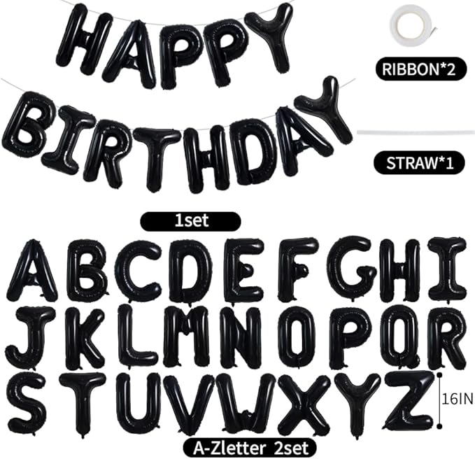 TONIFUL 65 Pcs 16 Inch Black Happy Birthday Balloons and 2 Sets A-Z Foil Letters Balloons DIY Personalized Phrase Banner for Birthday Celebration Halloween Thanksgiving Christmas Party Decorations