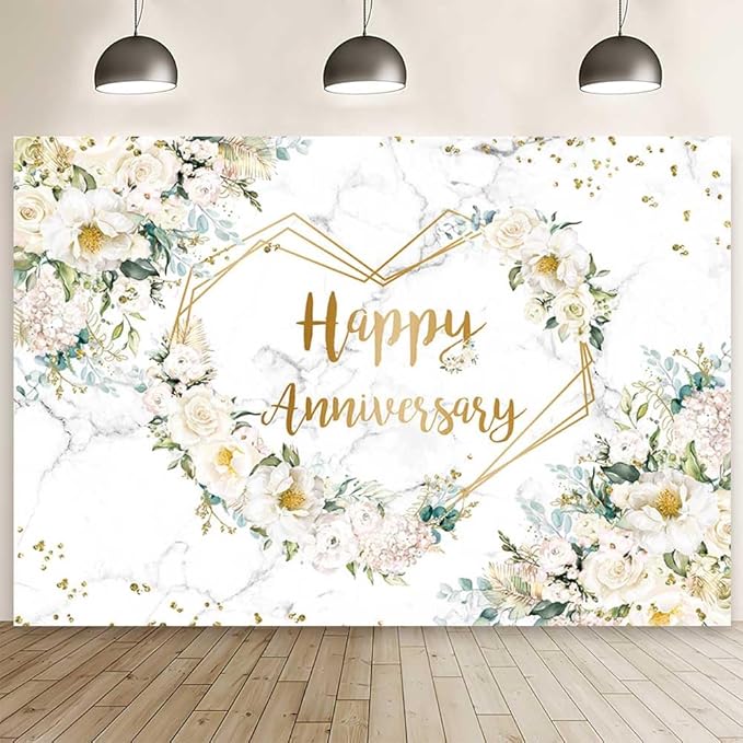 MEHOFOND 10x7ft Happy Anniversary Backdrop White Floral Wedding Anniversary Photography Background Hearts Geometric Couple Wedding Bridal Shower Women Birthday Party Cake Smash Decor Studio Photo Prop