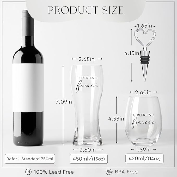 AW BRIDAL Engagement Gifts for Couples and Women, Fiance Wine Glasses and Beer Mug Set for Her, Newly Wed Gift for the Couple 2026, Mr and Mrs Wedding Beer Mug with Wine Stopper for Bride to Be