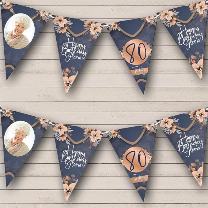Rose Gold Blue Flowers Milestone Photo Personalized Birthday Party Bunting - Hanging Party Decoration - Birthday Party Banner Garland | Decorative Party Supplies