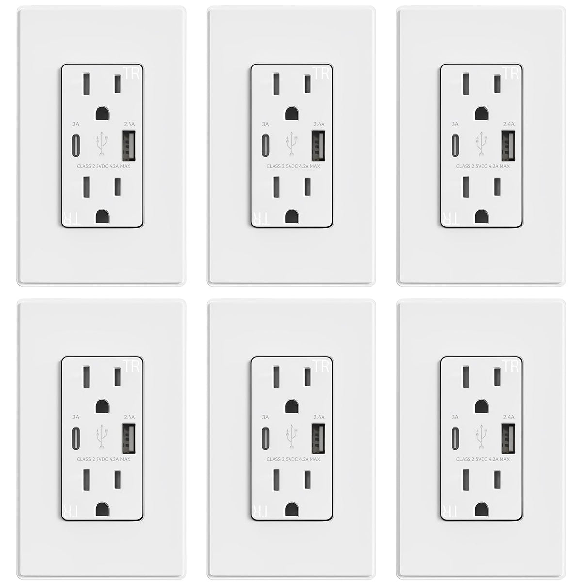 ELEGRP USB Outlets, 15 Amp Wall Outlet with USB Ports, 21W USB Outlets Receptacles with Type A & Type C Ports, Tamper Resistant Receptacle, Wall Plate Included, Ul Listed (6 Pack, Matte White)