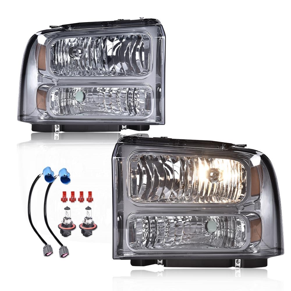 CNNELL Headlights Assembly Compatible with 1999-2004 Ford Super Duty F250 F350 Truck Excursion Conversion Headlights Lamp Smoky