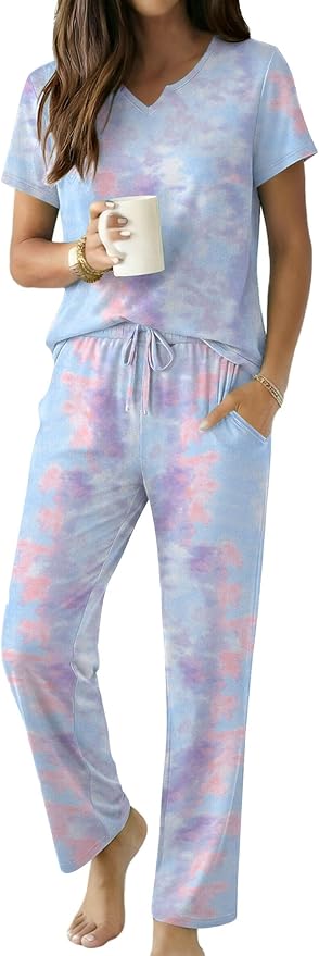 Ekouaer 2 Piece Womens Pajamas V Neck Short Sleeve Top and Long Pants Pjs Print Lounge Set Sleepwear