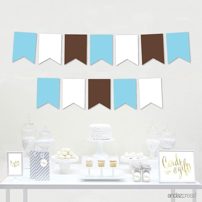 Andaz Press Hanging Pennant Banner with String, Baby Blue, White, Brown, 1-Set, 24 Pennants, Approx. 12-Feet Long, Boy Monkey Baby Shower Theme Birthday Supplies