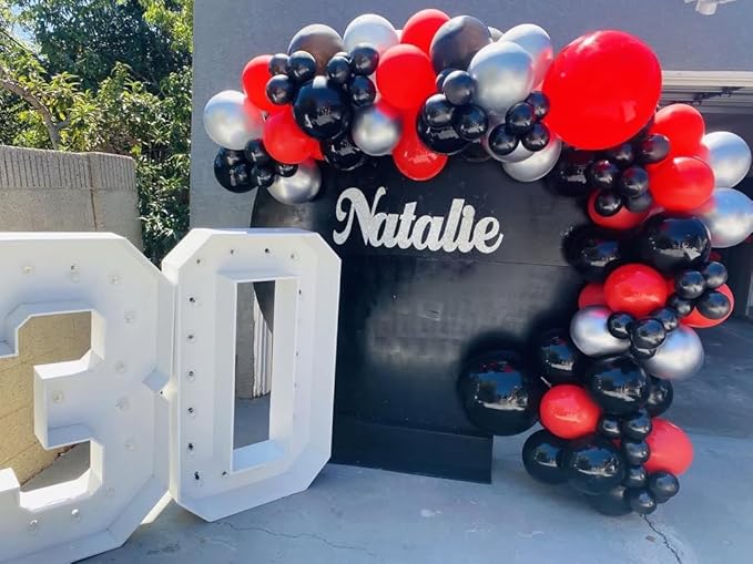 153Pcs Red and Black Silver Balloons Garland Arch Kit with Stars -22 18 12 10 5 inch Different Size Red Black Metallic Silver Balloon for Birthday Graduation Racing Car Poker Party Decorations