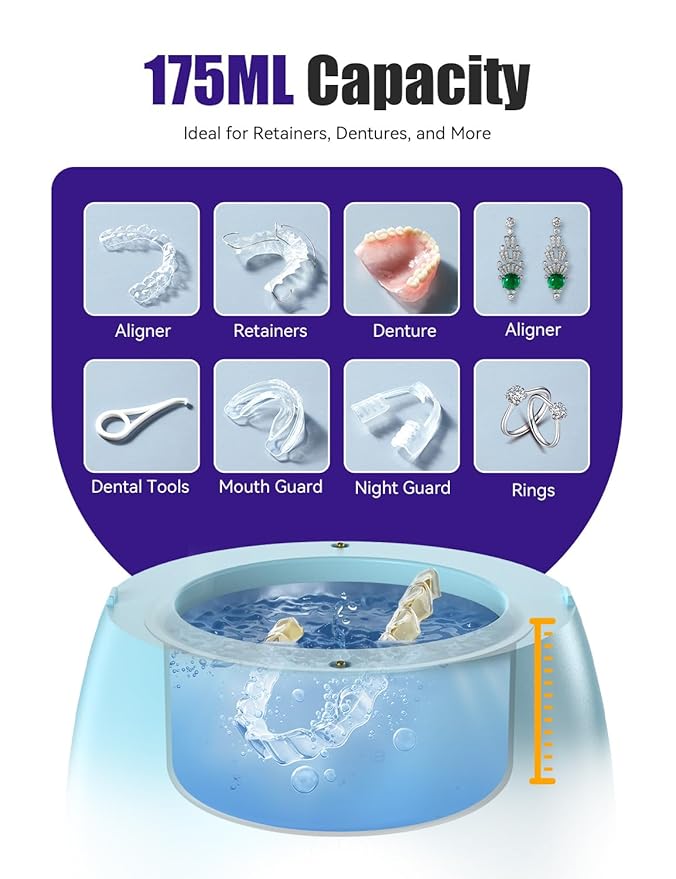 Ultrasonic Retainer Cleaner, EVA BELLE Denture Retainer Cleaner Machine, Tooth Cleaner for Oral Dental Care, Portable Rechargeable Dental Cleaning Pod for Night Guards, Braces, Aligner, Jewelry