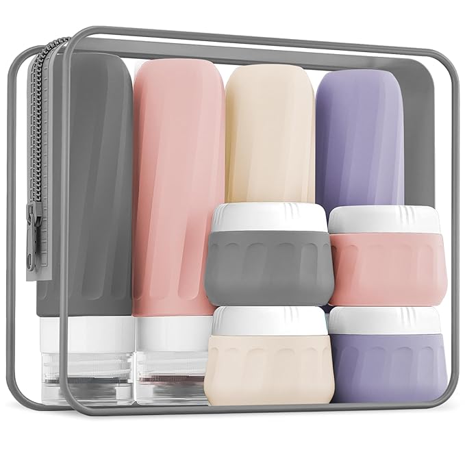 Mrsdry Travel Bottles for Toiletries 8 Pack, Travel Size Toiletries, Tsa Approved Travel Size Containers 3oz, with Travel Essentials Clear Bag, Leak Proof Silicone Squeezable Creams Jars