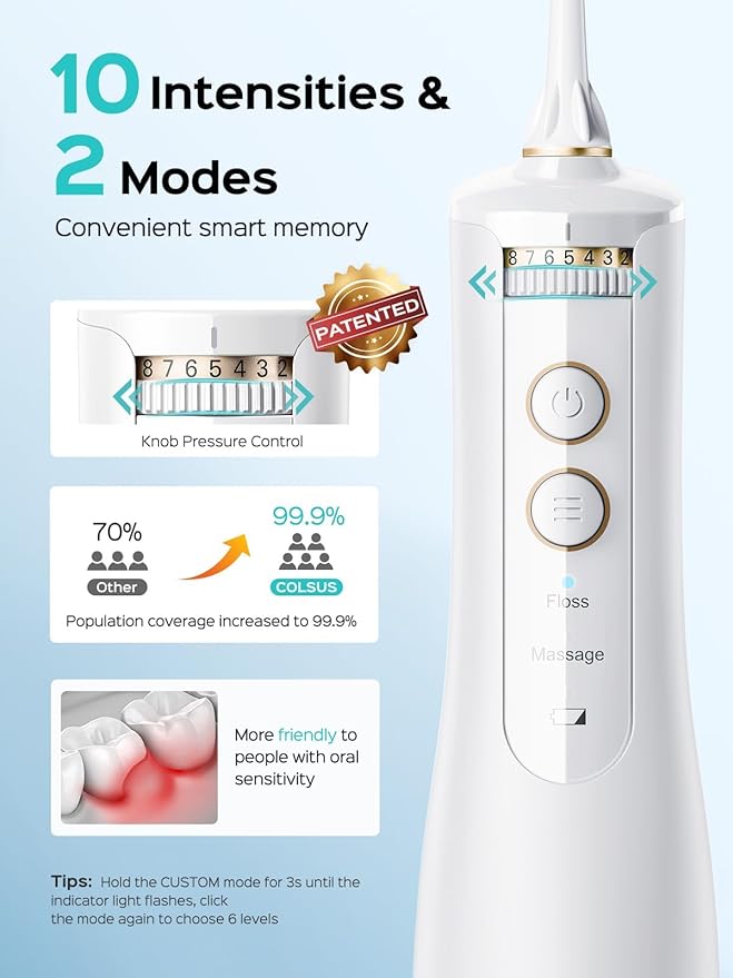 COSLUS Portable Water Flosser for Teeth: 10 Pressure Settings Professional Water Dental Pick for Orthodontic, Braces & Sensitive Gums - Cordless for Travel Use, for Adults Teens, BPA-Free, E40