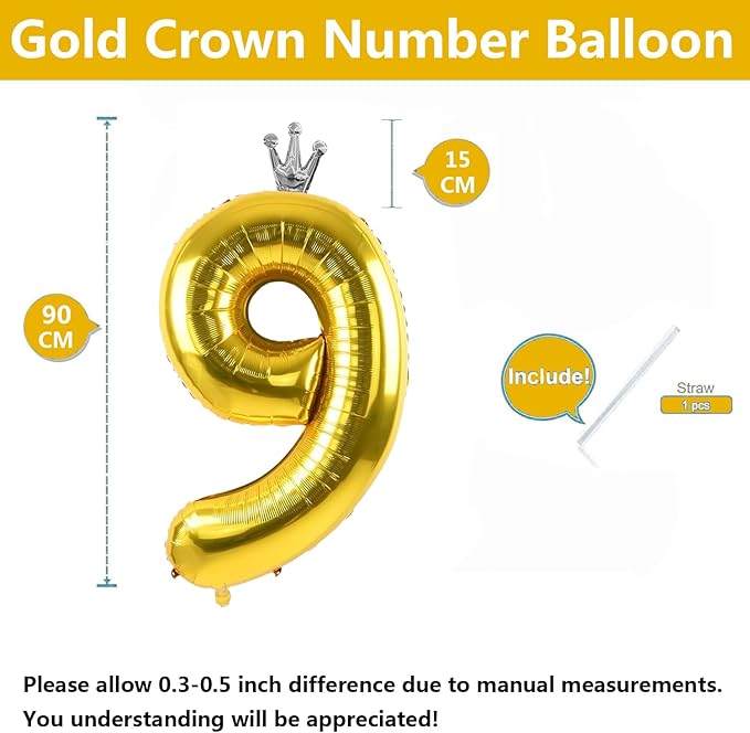 Gold Number 9 Balloon with Crown, 40 inch Gold Number Balloon 9th Birthday Party Decoration Gold Crown Balloons 0-9 for Birthday Party Anniversary Decorations Supplies