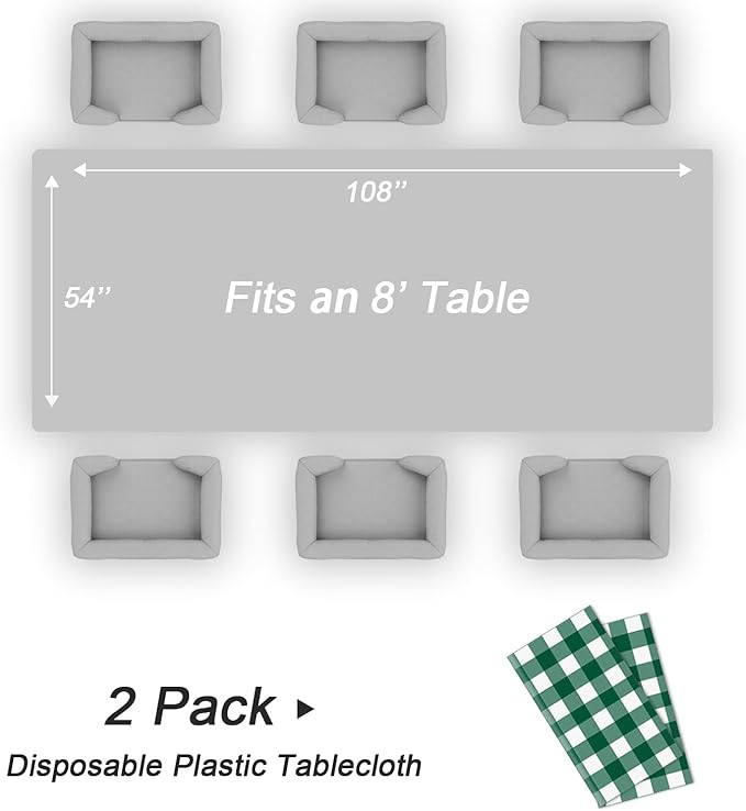 QIKSION Green Gingham Tablecloth Disposable 2 Pack, 54 x 108 Inch Green and White Checkered Table Cloth for Camping, Birthday, Masters Golf Party Supplies, Rectangle, Plastic Table Cover