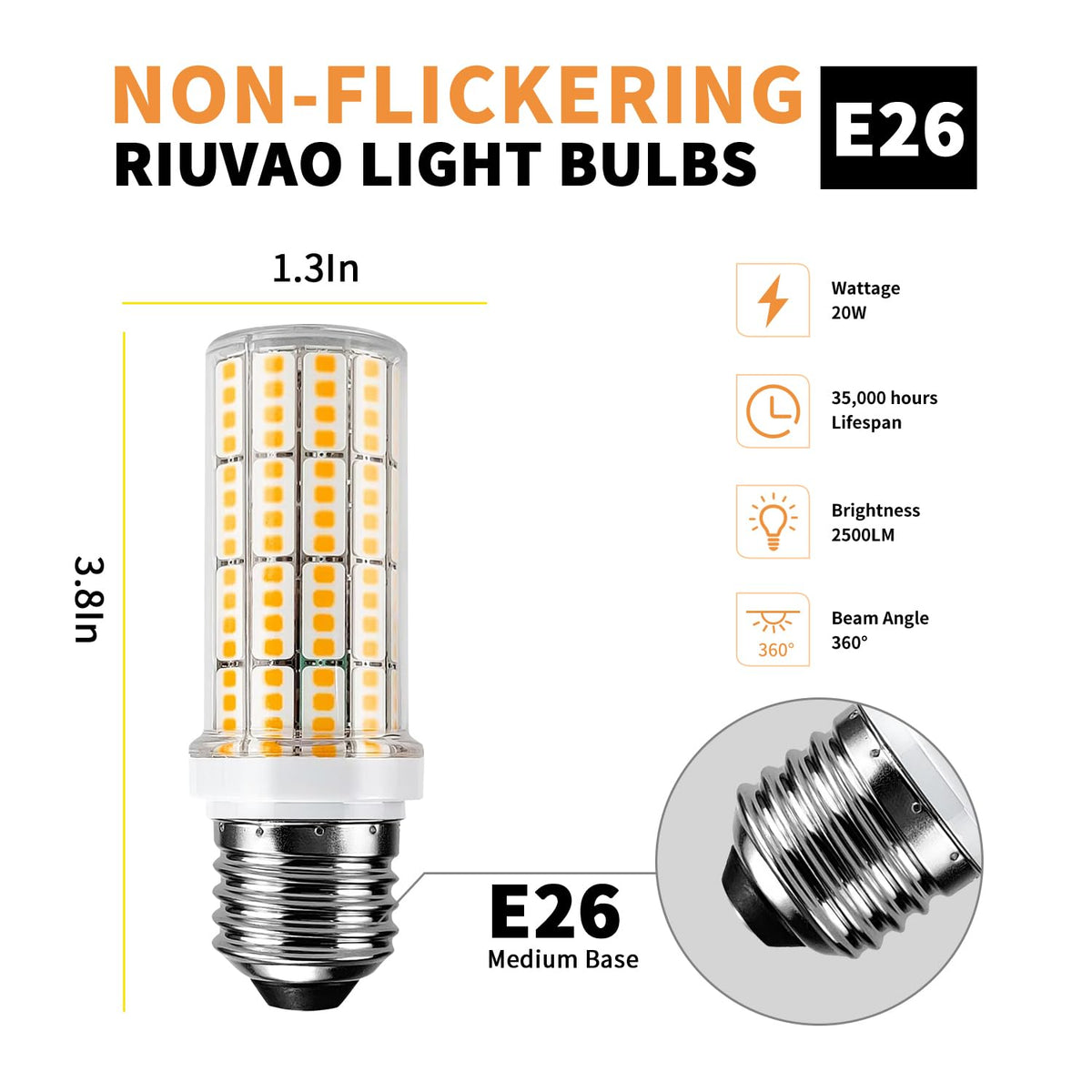 6 pcs Led Corn Light Bulb, 200w Equivalent 2500 Lumen 3000k Cool Daylight White 20w Non-dimmable Super Bright Led Bulb E26/E27 Base Led Light Bulbs for Home Garage Warehouse Indoor Outdoor Light Bulb