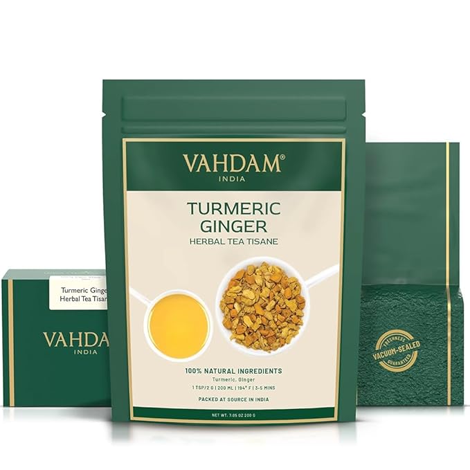 VAHDAM, Turmeric Ginger Herbal Tea (50+ Cups, 3.53oz) Caffeine Free | 100% Pure Herbal Blend - Savory & Spicy | Vacuum Sealed | Direct from Source