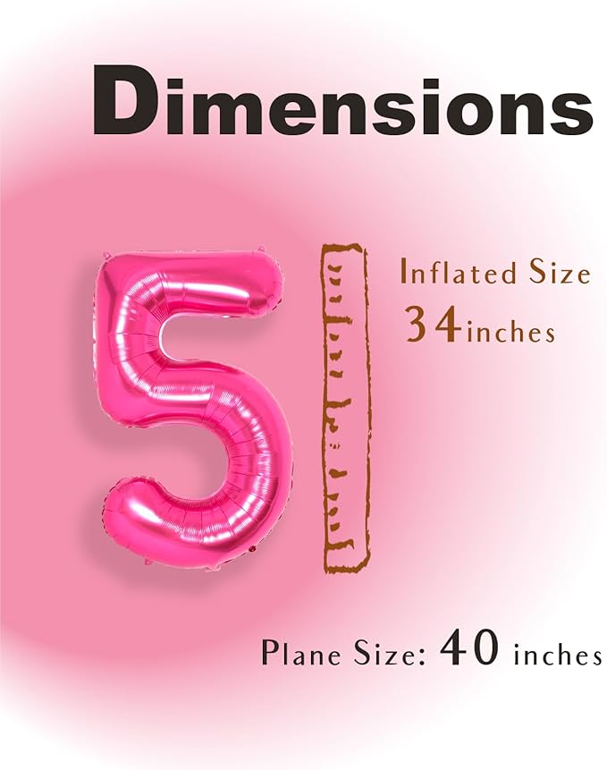 SUWEN 40 Inch Hot Pink Large 5 Number Balloons Big Foil Helium Number Balloons 0-9 Jumbo Happy 5th Mylar Birthday Party Decorations for Girl Anniversary Party Supplies