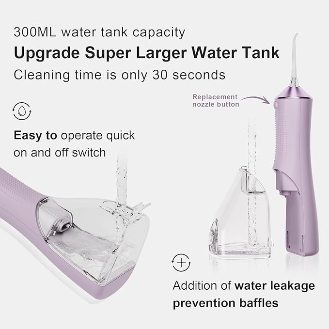 Water Dental Flosser for Teeth, Portable Cordless Water Flosser with 300ML Rechargeable with Type-C, IPX7 Waterproof Water Flossers for Adults with 3 Intensity Modes and 3 Flossing Tips