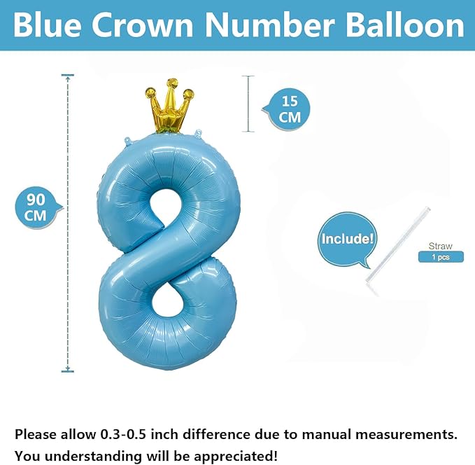 Blue Number 8 Balloon with Crown, 40 inch Blue Number Balloon 8th Birthday Party Decoration BlueCrown Balloons 0-9 for Birthday Party Anniversary Decorations Supplies