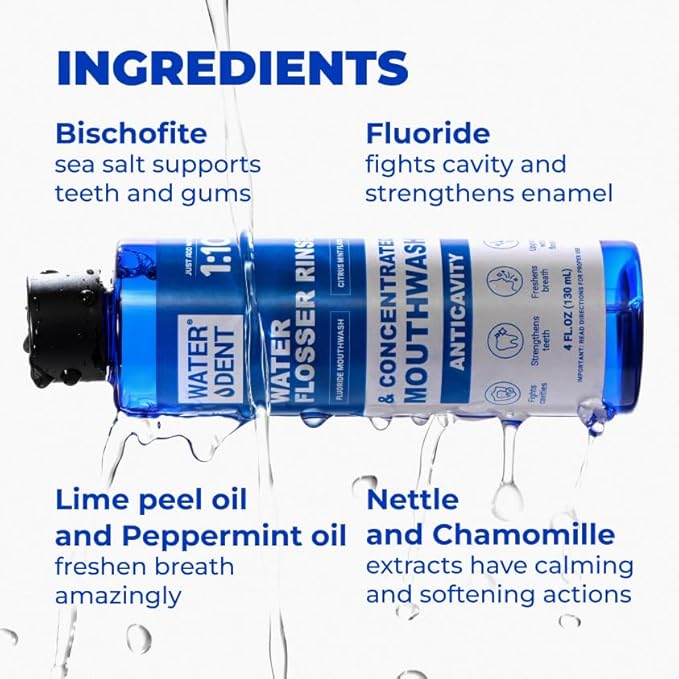 Fluoride Mouthwash and Water Flosser Аdditive | Add to Oral irrigator | Citrus Mint Flavor | Alcohol Free, Made in USA | Concentrated 1:10 = 44 fl.oz