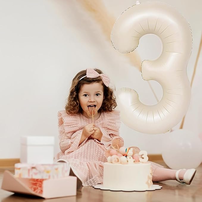 40 inch Cream White Number Balloon Giant Foil Helium Balloons Beige Number 3 Balloon for 3rd Birthday Party Anniversary Decorations Supplies