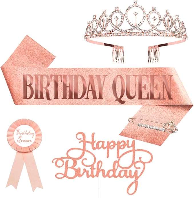 Birthday Decorations for Women – Includes Birthday Sash, Safety Pin, Tiara, Cake Topper, and Button – Queen Sash & Crown for Women and Girls MS4U (Gold Rose)