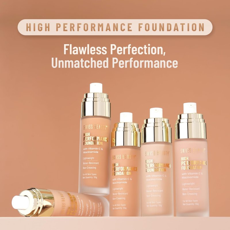 Swiss Beauty High Performance Foundation | Water-Resistant | Medium To Buildable Coverage Liquid Dewy Finish | Lightweight | Easy To Blend | With Vitamin C & Niacinamide | 03 Natural Beige, 55G