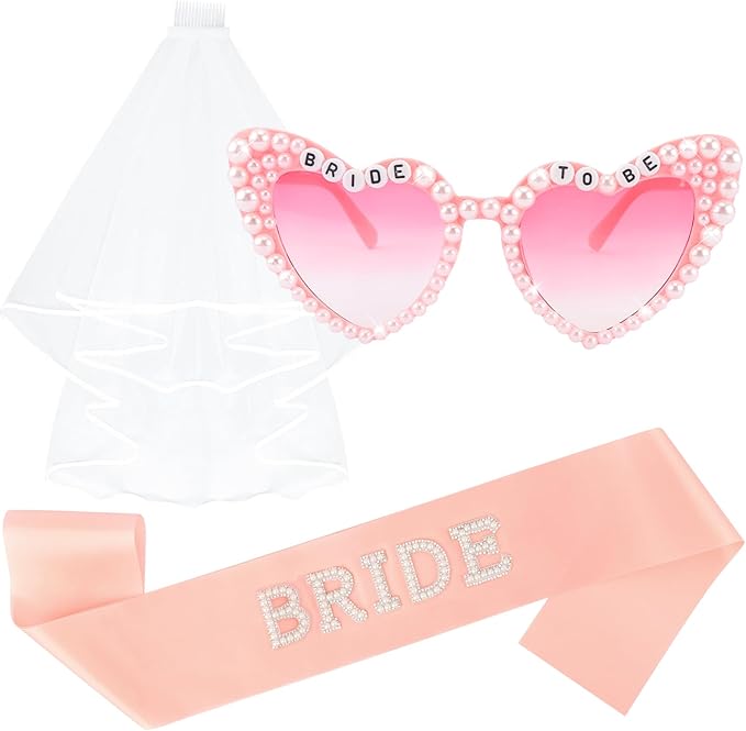 Bride to Be Set: Pearl-Trimmed Heart Sunglasses, Pearl BRIDE Sash & Tulle Veil - Bachelorette Party Bridal Accessories