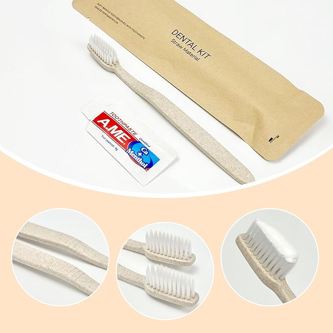 100 Pack Travel Size Toothbrushes with Toothpaste in Bulk, Disposable Individually Wrapped Wheat Straw Portable Toothbrushes Kit for Homeless, Nursing Home, Charity, Shelter, Airbnb and Hotel