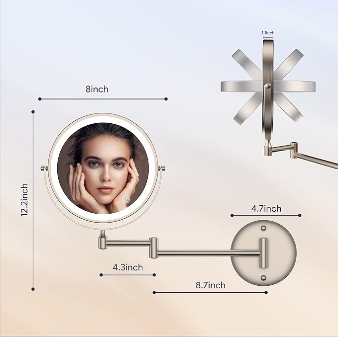 Rocollos Rechargeable Wall Mounted Lighted Makeup Mirror, 8 Inch Double-Sided LED Vanity Mirror 1X/10X Magnification,3 Color Lights Touch Screen Dimmable 360°Swivel 13 Inch Extendable