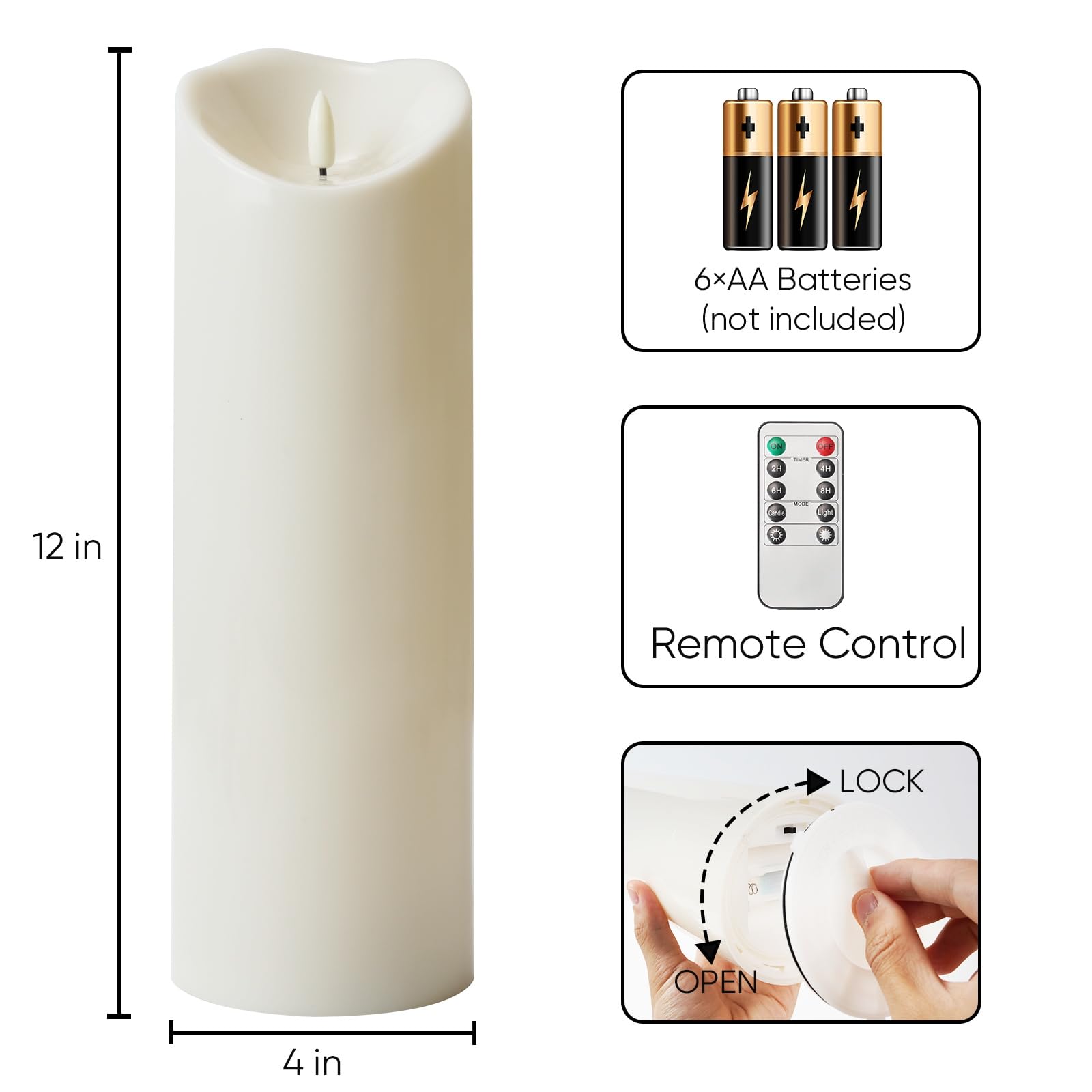 Homemory 4"x12" Outdoor Waterproof Flameless Candles with Timers and Remote Control, Battery Operated Candles, LED Plastic Candles, Ivory White, Set of 2