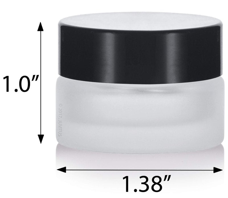 (24 pack) 5 ml 1/6 oz Frosted Clear Glass Small Thick Wall Jars with Black Smooth Foam Lined Lids