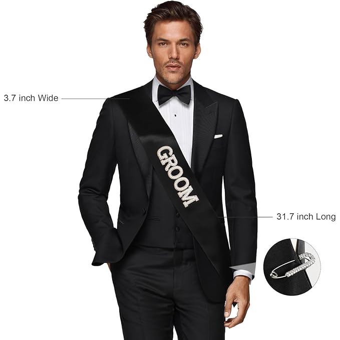 Etercycle Groom Sash, Bachelor Party Sash Wedding Decorations, Glitter Black Groomie Satin Sash For Wedding Engagement Party Favors Groom Bridal Shower Gifts With Diamond Pin