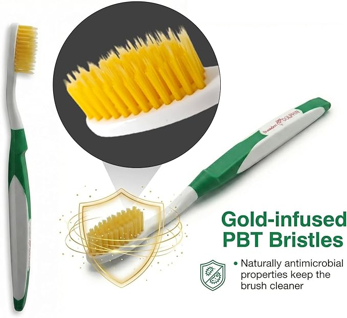 Dolphin Gold [4 Packs] Extra Soft Toothbrush Manual Long Flossing Bristle, Ultra Clean Toothbrush, Good for Sensitive Teeth and Gums (Green, Gold 4 Packs)