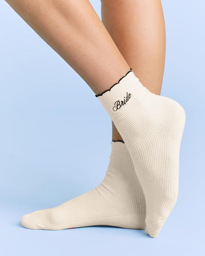 xo, Fetti Bride Ruffle Socks | Bachelorette Party, Bridal Shower Gift, Bride to Be, Wedding, Engagement, White Socks, Black Embroidery, Girly