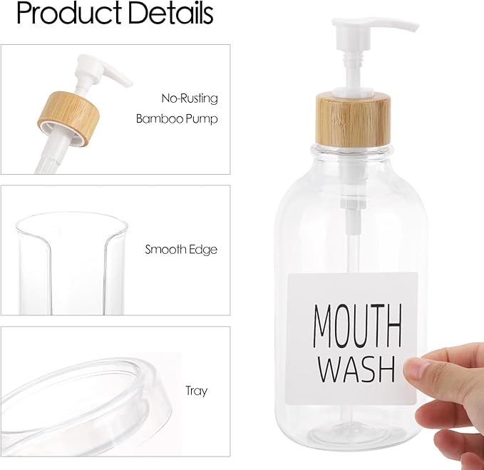 Mouthwash Dispenser for Bathroom, 16oz Plastic Mouthwash Dispenser with Cup Holder and Tray Mouth Wash Bottle Container - Clear