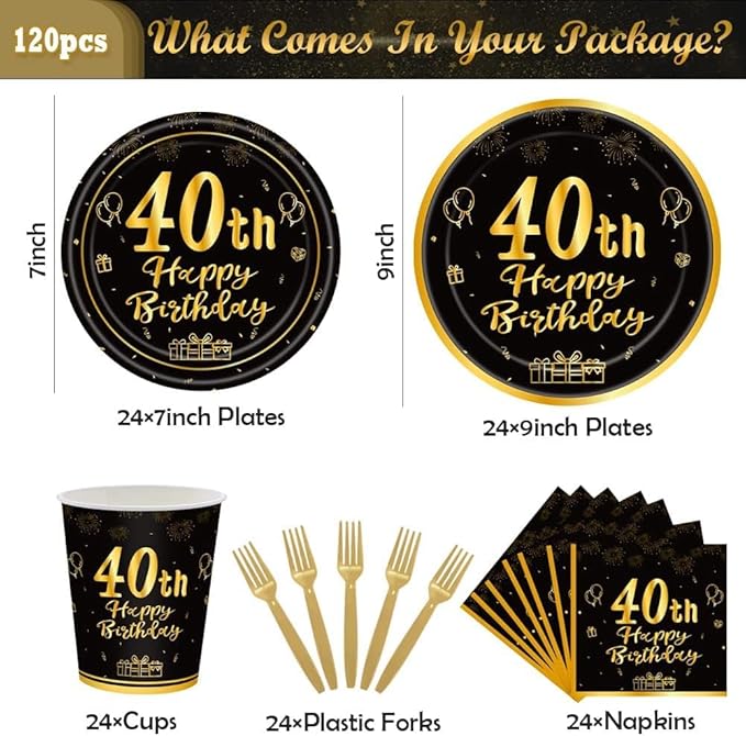 120Pcs 40th Birthday Party Supplies Plates Napkins Cups Forks Tableware Set Gold Black Happy 40th Birthday Themed Disposable Tableware Decoration Serves 24 Guests for Women and Men