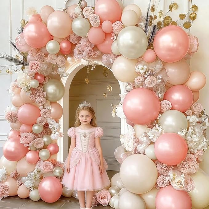Pastel Pink White Balloon Arch Double Stuffed Light Pearl Blush Pink Cream Beige Peach Balloon Garland Kit for Birthday Wedding Baby in Bloom Baby Shower Bridal Princess Valentine's Day Party Decor