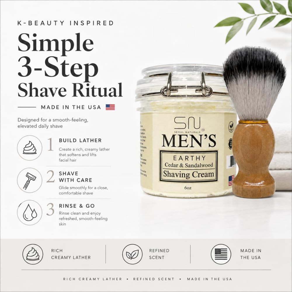 Seoul Naturals Cedarwood & Sandalwood Shaving Cream for Men – 100% Natural Handmade Shave Cream, Korean Beauty Inspired (K-Beauty), Smooth Traditional Wet Shave, 6 oz