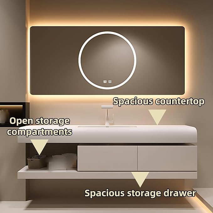 60IN Bathroom Vanity with Sink - Bathroom Cabinet Set has 2 Drawers & Overflow Hole Wall Mounted | LED Practical Defogging Mirror, Open Compartments, Seamless Rock Slab Basin (Cream White)