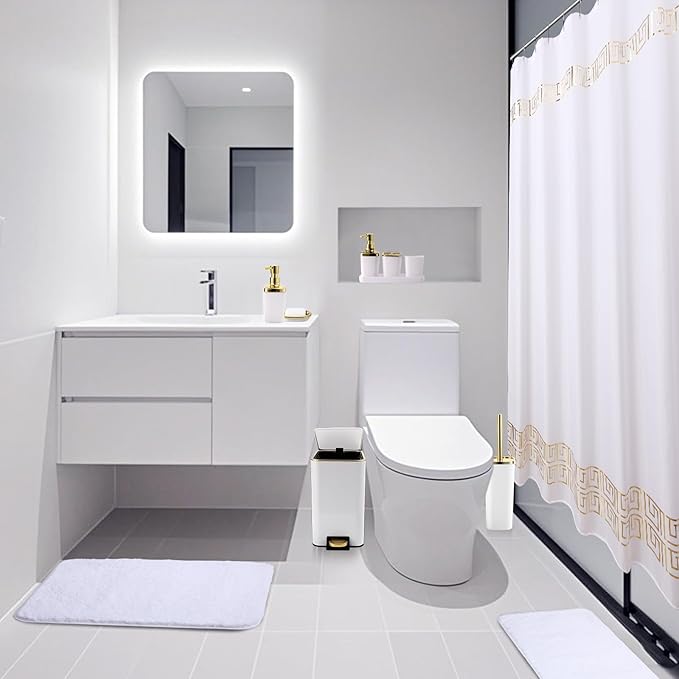 11PCS Bathroom Sets with Shower Curtain and Rugs Bathroom Accessories Set White Bathroom Set,Soap Dispenser & Toilet Brush Holder Set with Stainless Steel Trash Can