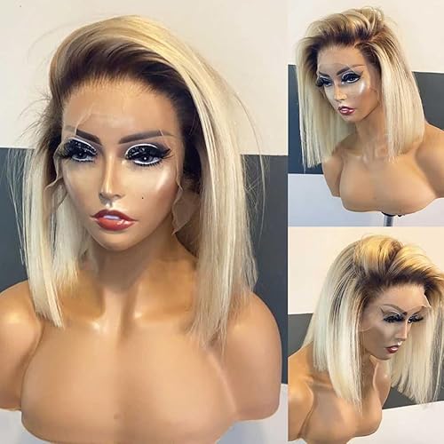 13x4 Hd Blonde Bob Lace Front Wigs Human Hair for Black Women,14" 150% Density Glueless Pre Plucked Ombre Blonde Straight Remy Brazilian Virgin Human Hair Wig with Baby Hair