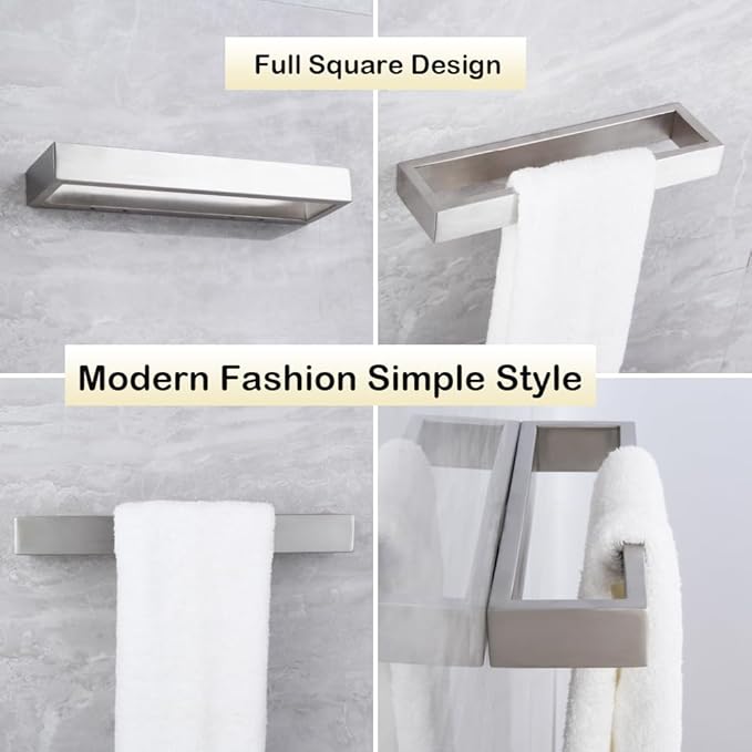 Bathroom Towel Ring Wall Mounted Hand Towel Bar Modern Square Style Towel Rack Brushed Stainless Steel, D69018BN