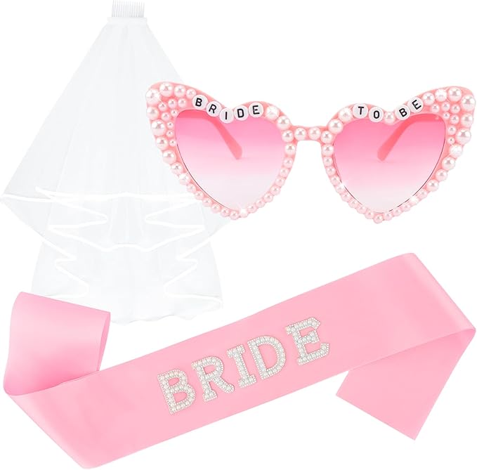Bride to Be Set: Pearl-Trimmed Heart Sunglasses, Pearl BRIDE Sash & Tulle Veil - Bachelorette Party Bridal Accessories