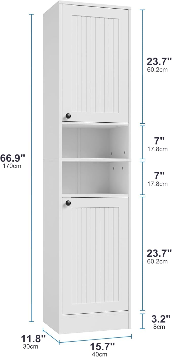 Farmhouse Bathroom Cabinet with 2 Doors, 67" Tall Slim Freestanding Cabinet, Narrow Floor Storage Unit with Open Shelf and Adjustable Shelves for Bathroom, Living Room, Kitchen, White