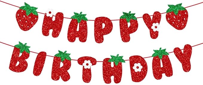 Strawberry Happy Birthday Banner, Glitter Strawberry Banner, Strawberry Theme Birthday Garland for Birthday Party Hanging Decorations