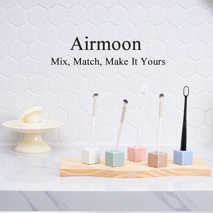 AirMoon Mini Square Ceramic Toothbrush Holder for Bathroom - Blue Small Countertop Organizer, Easy Clean Toothbrush Stand, Suit for Electric Toothbrush Head, Pens & Coffee Spoon, Pack of 2