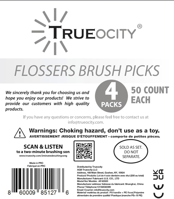 Trueocity Dental Flossers Brush Picks 4 Pack w/Travel Case (200 Total Count), Dental Floss Glides Easy, Flosser Helps Prevent Tooth Decay & Gum Disease, Easy Grip, Flossers for Adults, Mint Flavored