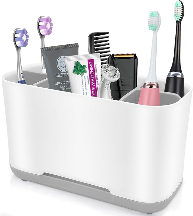 Toothbrush Holder with Anti-Slip,Plastic Detachable for Easy Cleaning Multi-Functional Storage,Large Electric Toothbrush and Toothpaste Organizer Caddy for Bathroom Vanity,Sink,Countertop (Grey)